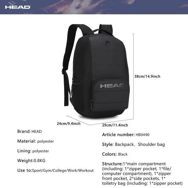 Alt view image 4 of 5 - HEAD Waterproof Travel Laptop Backpack for Men, Lightweight Casual Daypack Backpacks with Toiletry Bag for Work/College/Sport/Gym/Workout, Fits 15.6 inch Laptop, Black