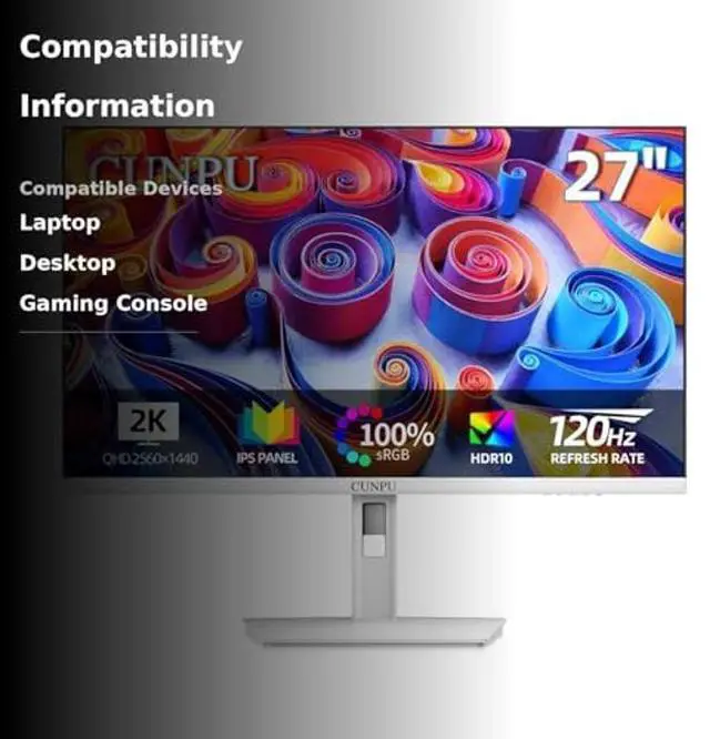 Alt view image 3 of 5 - CUNPU 27 Inch 2560x1440p 120Hz White Monitor, IPS Ultra-Thin Bezel Computer Gaming Monitor, 100% sRGB, 16.7M Colors, Adaptive Sync, HDMI/DP, VESA 100x100mm, Eye Care, Tilt Adjustable for Game and Work