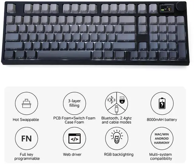 Alt view image 4 of 5 - NJ98 Wireless Custom Mechanical Keyboard with Screen Knob 96% Hot Swappable RGB Keyboard Mac Windows (Pale Green, Steel Plate-Box Deep Sea)