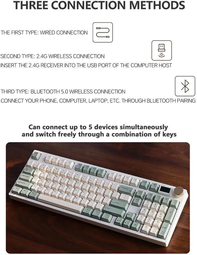 Alt view image 3 of 5 - NJ98 Wireless Custom Mechanical Keyboard with Screen Knob 96% Hot Swappable RGB Keyboard Mac Windows (Pale Green, Steel Plate-Box Deep Sea)