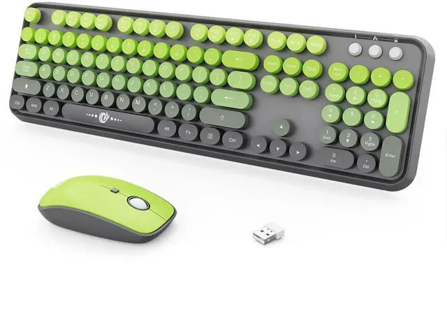 Main image of Wireless Keyboard and Mouse Combo, 104 Round Keys Cute Colorful Keyboard and Mouse with Retro Typewriter for PC Mac Laptop Tablet Computer Windows Gray Green