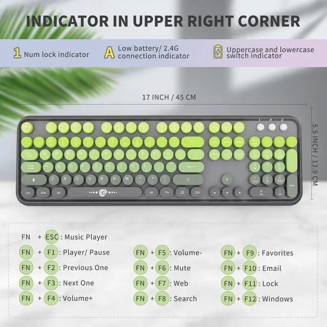 Alt view image 3 of 5 - Wireless Keyboard and Mouse Combo, 104 Round Keys Cute Colorful Keyboard and Mouse with Retro Typewriter for PC Mac Laptop Tablet Computer Windows Gray Green