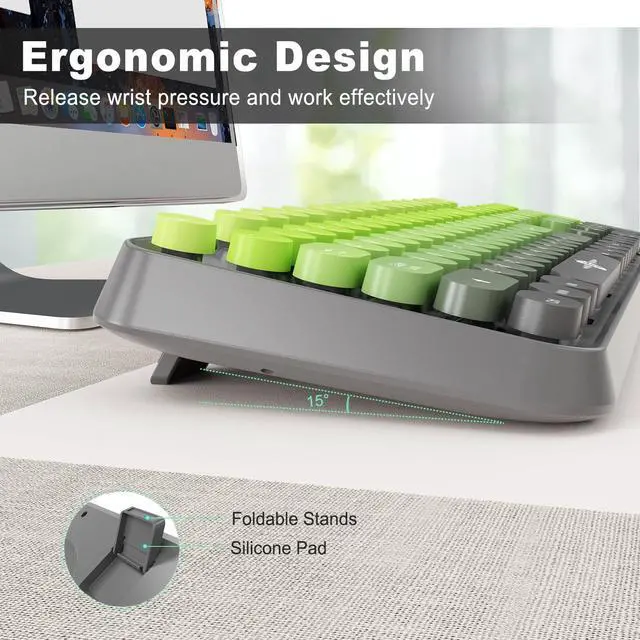 Alt view image 5 of 5 - Wireless Keyboard and Mouse Combo, 104 Round Keys Cute Colorful Keyboard and Mouse with Retro Typewriter for PC Mac Laptop Tablet Computer Windows Gray Green