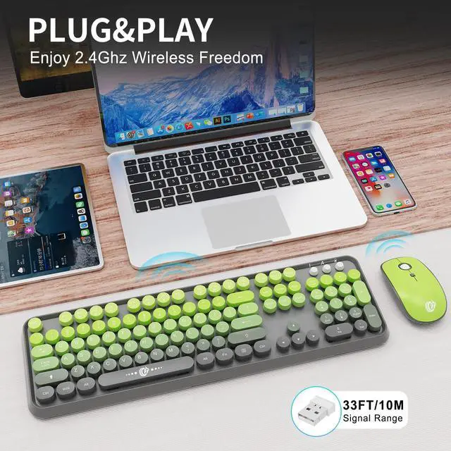 Alt view image 2 of 5 - Wireless Keyboard and Mouse Combo, 104 Round Keys Cute Colorful Keyboard and Mouse with Retro Typewriter for PC Mac Laptop Tablet Computer Windows Gray Green