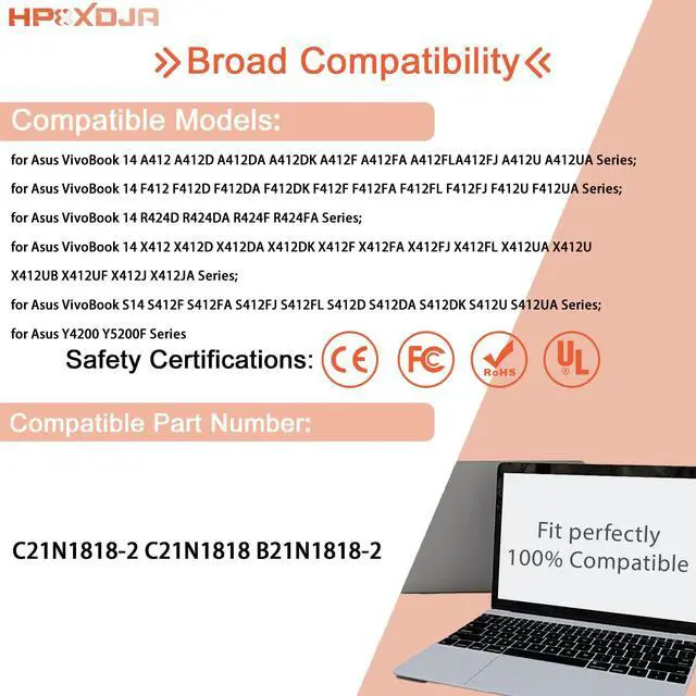 Alt view image 5 of 5 - HPXXDJA C21N1818-2 Laptop Battery Replacement for ASUS VivoBook X409 X409DJ X409DL X409FA X409BA X409DA X509 14 X415 15 X515EA X545 X545FA X545FB X545FJ Series C21N1818 7.7V 37Wh 4730mAh