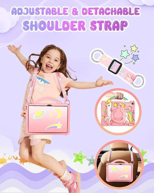 Alt view image 4 of 5 - Boaretiu for iPad A16 Case/10th Generation Case - Girls Teens Cute Cartoon Rainbow Unicorn 10.9 Inch 2022 Tablet Cover with Strap & Rotating Stand Soft 3D Silicone Funda for iPad 11th 11 Inch 2025