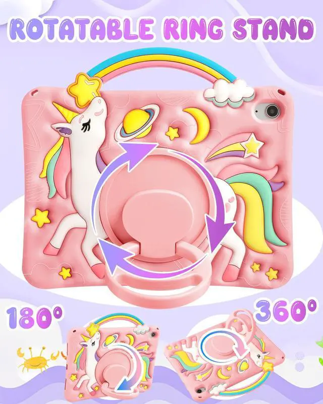 Alt view image 3 of 5 - Boaretiu for iPad A16 Case/10th Generation Case - Girls Teens Cute Cartoon Rainbow Unicorn 10.9 Inch 2022 Tablet Cover with Strap & Rotating Stand Soft 3D Silicone Funda for iPad 11th 11 Inch 2025
