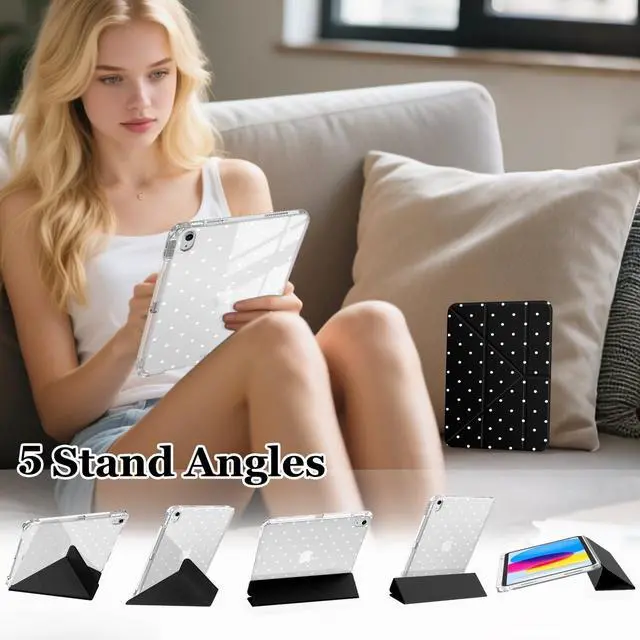 Alt view image 3 of 5 - BlHMCASE Cute White Polka Dot for iPad Pro 11 Inch Case (M5/M4) 2025/2024 with Pencil Holder, Auto Sleep/Wake, Black Leather Acrylic Back Detachable Cover