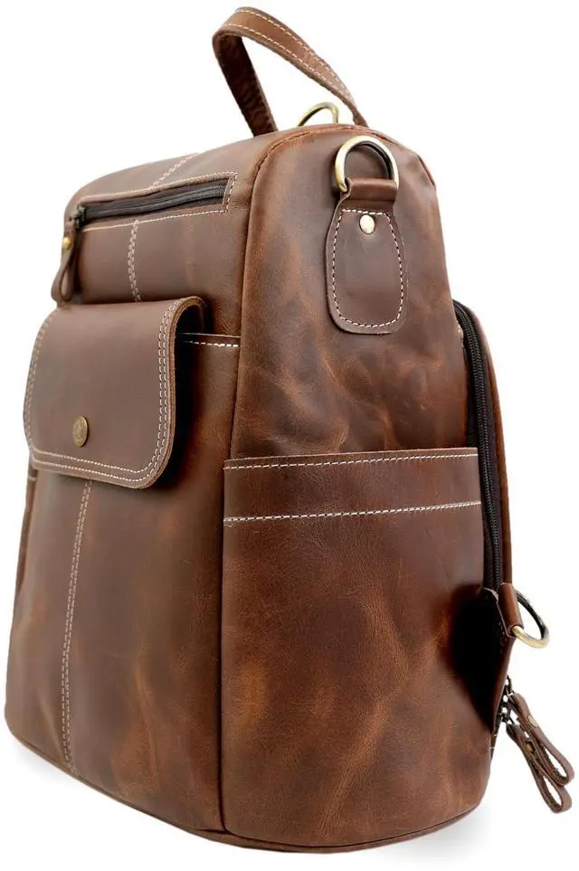 Alt view image 2 of 5 - BUFFLOHIDE Full Grain Leather Backpack for Women Handmade Genuine Leather Laptop Bag, Convertible Travel Sling Daypack, Brown Rustic Work & College Purse, Birthday Gift For Her