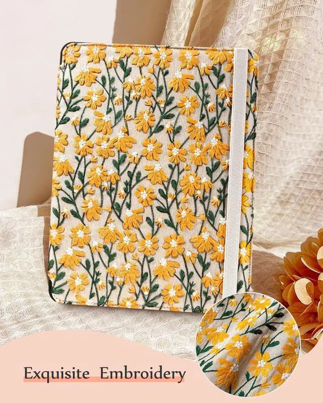 Alt view image 3 of 5 - Uppuppy for iPad 10th Generation Case, for iPad (A16) 11th Generation Case - Women Girls Cute Embroidered Folio Stand Cover with Pencil Holder & Card Slot Design Aesthetic Girly Kawaii Yellow Daisy
