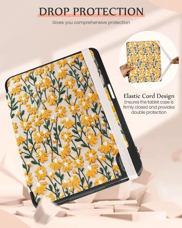 Alt view image 5 of 5 - Uppuppy for iPad 10th Generation Case, for iPad (A16) 11th Generation Case - Women Girls Cute Embroidered Folio Stand Cover with Pencil Holder & Card Slot Design Aesthetic Girly Kawaii Yellow Daisy