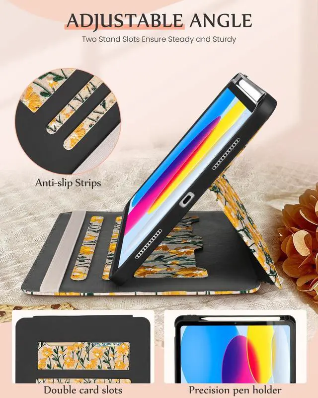 Alt view image 4 of 5 - Uppuppy for iPad 10th Generation Case, for iPad (A16) 11th Generation Case - Women Girls Cute Embroidered Folio Stand Cover with Pencil Holder & Card Slot Design Aesthetic Girly Kawaii Yellow Daisy