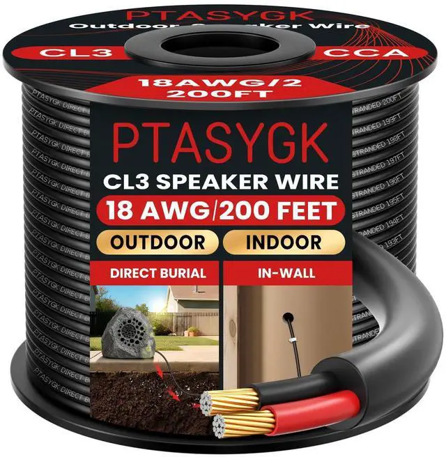 Main image of PTASYGK 18 Gague Outdoor Speaker Wire 200 Feet - 2 Conductor Direct Burial Speaker Cables CL3 CL2 Rated, UV Resistant CCA Cable for Garden, Patio, Pool Audio Systems