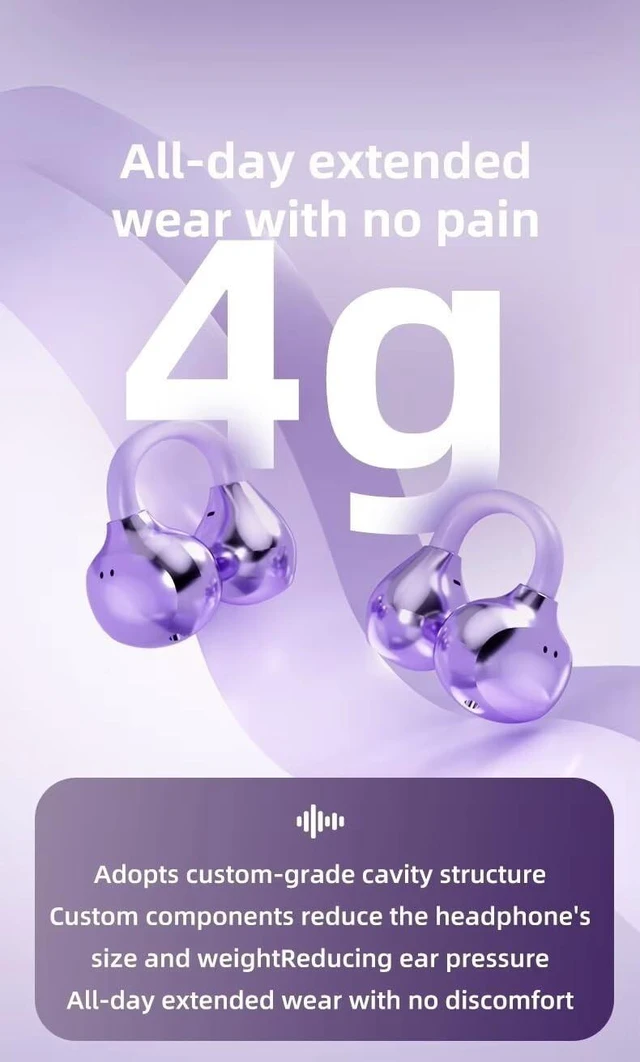 Alt view image 3 of 5 - ZKBSIAXD Wireless Earbuds Open Ear Clip-Type with Dynamic Sound, 300Hours Battery Life, ENC Microphone, IPX4 Water Resistance, Secure Fit for Cycling, Travel, iPhone Android Phone - Purple