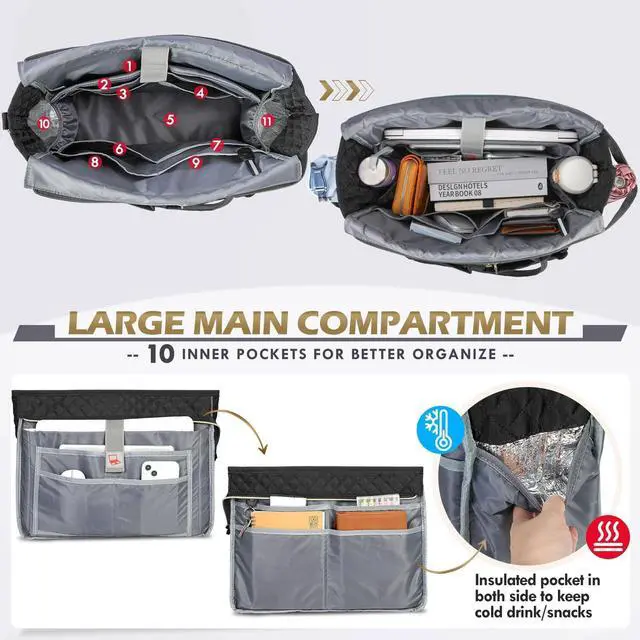 Alt view image 3 of 5 - RAINSMORE Teacher Tote Bag 15.6 inch Laptop Bag for Women Work Bags Laptop Tote Nurse Bag Professional Computer Messenger with Insulated Pocket, Laptop Briefcase for Office, College, Nursing, Black