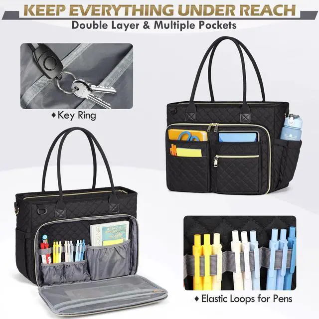 Alt view image 4 of 5 - RAINSMORE Teacher Tote Bag 15.6 inch Laptop Bag for Women Work Bags Laptop Tote Nurse Bag Professional Computer Messenger with Insulated Pocket, Laptop Briefcase for Office, College, Nursing, Black