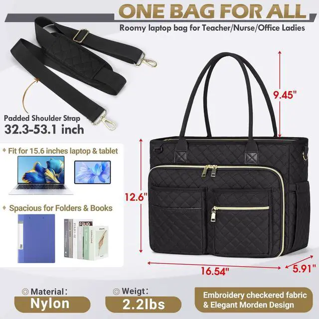 Alt view image 5 of 5 - RAINSMORE Teacher Tote Bag 15.6 inch Laptop Bag for Women Work Bags Laptop Tote Nurse Bag Professional Computer Messenger with Insulated Pocket, Laptop Briefcase for Office, College, Nursing, Black