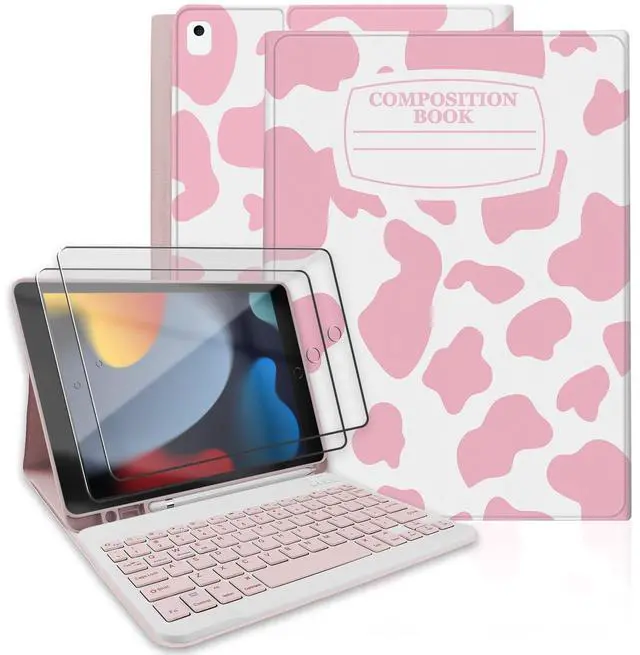 Main image of TopPerfekt for iPad 9th Generation Keyboard Case 10.2" 2021, Magnetically Absorbent, Auto Sleep/Wake, Pencil Holder with 2 Tempered Film for iPad 8th/7th Gen 10.2"/Air 3rd/pro 10.5" Notebook Cow Pink