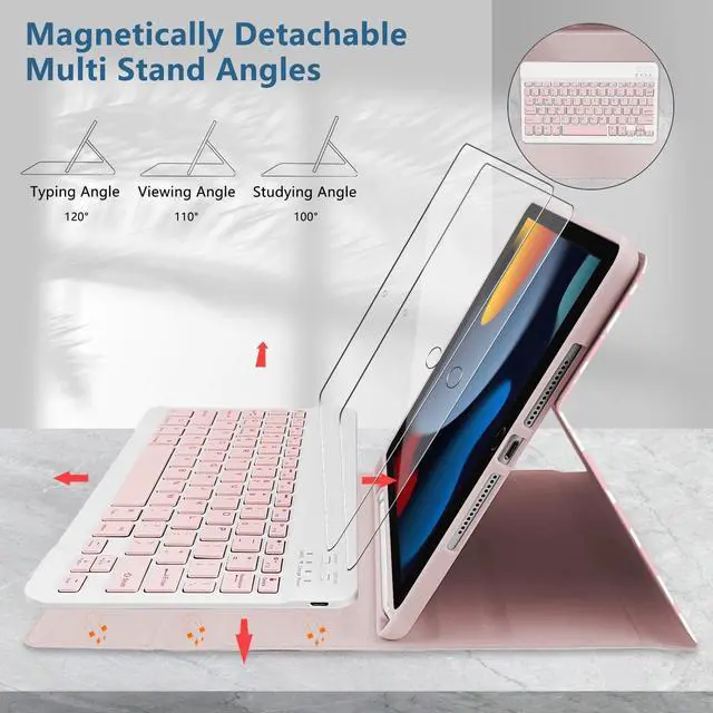 Alt view image 3 of 5 - TopPerfekt for iPad 9th Generation Keyboard Case 10.2" 2021, Magnetically Absorbent, Auto Sleep/Wake, Pencil Holder with 2 Tempered Film for iPad 8th/7th Gen 10.2"/Air 3rd/pro 10.5" Notebook Cow Pink