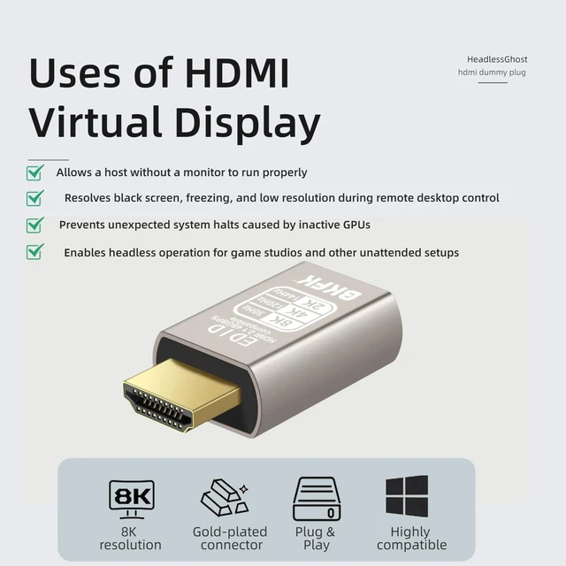 Alt view image 3 of 5 - 4K hdmi Dummy Plug - Display to hdmi Adapter, Luna Display Virtual Window for Home-edid Emulator-Dummy, displayport Headless dummie dongle120Hz (8K-30Hz-3Pack)