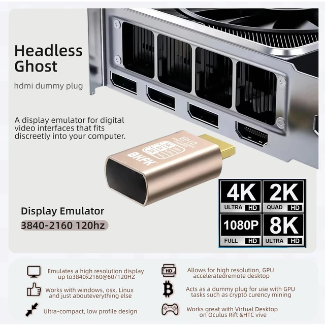 Alt view image 4 of 5 - 4K hdmi Dummy Plug - Display to hdmi Adapter, Luna Display Virtual Window for Home-edid Emulator-Dummy, displayport Headless dummie dongle120Hz (8K-30Hz-3Pack)