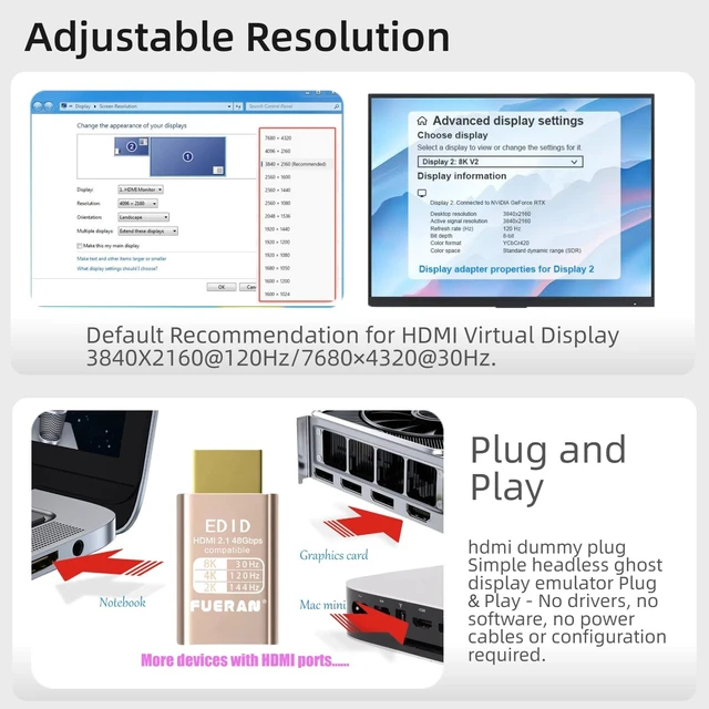 Alt view image 5 of 5 - 4K hdmi Dummy Plug - Display to hdmi Adapter, Luna Display Virtual Window for Home-edid Emulator-Dummy, displayport Headless dummie dongle120Hz (8K-30Hz-3Pack)