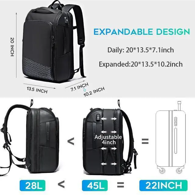 Alt view image 3 of 5 - BANGE 45L Expandable Travel Backpacks,Weekender Carry On Backpack, Flight Approved Business Backpack for 17.3inch Laptop