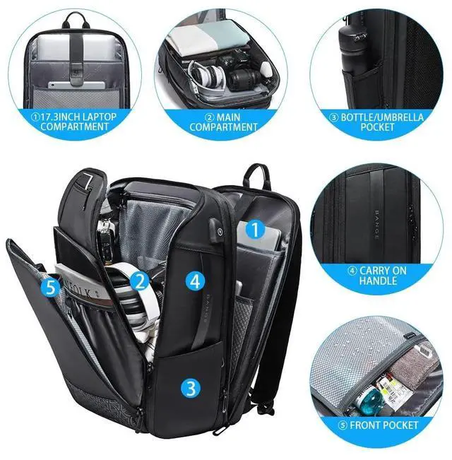 Alt view image 2 of 5 - BANGE 45L Expandable Travel Backpacks,Weekender Carry On Backpack, Flight Approved Business Backpack for 17.3inch Laptop