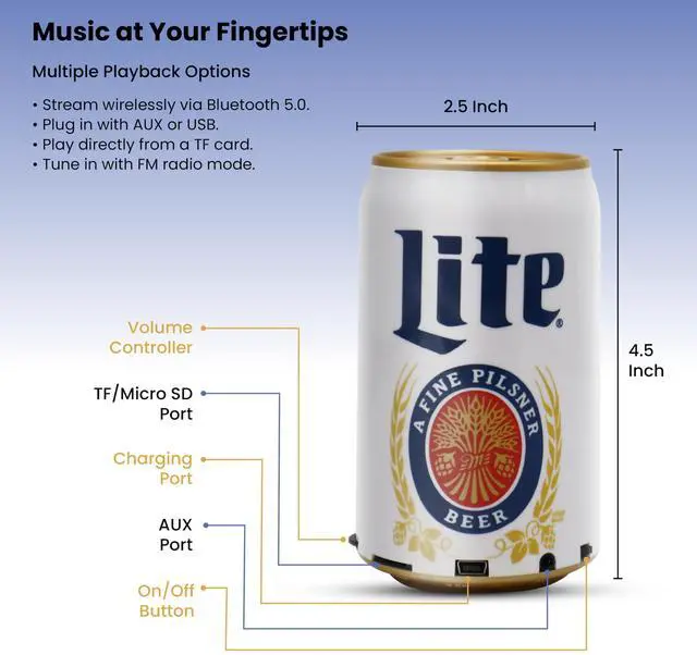 Alt view image 3 of 5 - Gabba Goods Miller Lite Can Shape Bluetooth Speaker, Portable Wireless Speaker with Bluetooth 5.0, AUX, USB Slot & TF Slot ^^ Loud Bass Sound ^^ Compact Design for Indoor & Outdoor Use & Travel