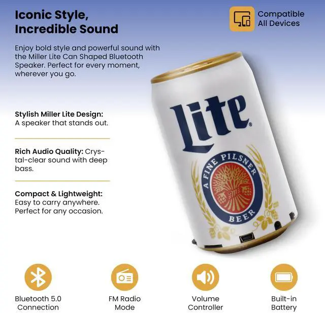 Alt view image 5 of 5 - Gabba Goods Miller Lite Can Shape Bluetooth Speaker, Portable Wireless Speaker with Bluetooth 5.0, AUX, USB Slot & TF Slot ^^ Loud Bass Sound ^^ Compact Design for Indoor & Outdoor Use & Travel
