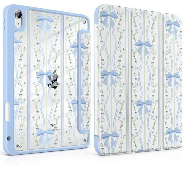 Main image of TWOLSKOO for iPad 11th & 10th Gen Case with Pencil Holder, Trifold Stand, Auto Sleep/Wake, Clear Acrylic Back with TPU Bumper, for iPad 11-inch (2025, A16 Chip) & 10.9-inch (2022), Wavy Stripes & Bows