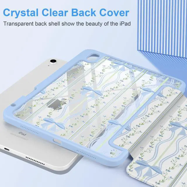 Alt view image 4 of 5 - TWOLSKOO for iPad 11th & 10th Gen Case with Pencil Holder, Trifold Stand, Auto Sleep/Wake, Clear Acrylic Back with TPU Bumper, for iPad 11-inch (2025, A16 Chip) & 10.9-inch (2022), Wavy Stripes & Bows