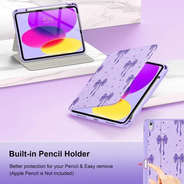 Alt view image 4 of 5 - Supveco Case for iPad (A16) 11th Generation 11 inch (2025),iPad 10th Generation 10.9 inch (2022) with Pencil Holder,Premium Folio Stand Case with Soft TPU Back Cover,Auto Wake/Sleep-Lilac Bows