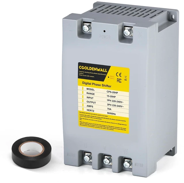 Main image of CGOLDENWALL Single Phase to 3 Phase Converter 20HP/15KW 70A 220V-240V Input/Output Digital Phase Shifter, 20HP/15KW Rated Load, 15HP/11KW Heavy Loads, One Converter for One Motor