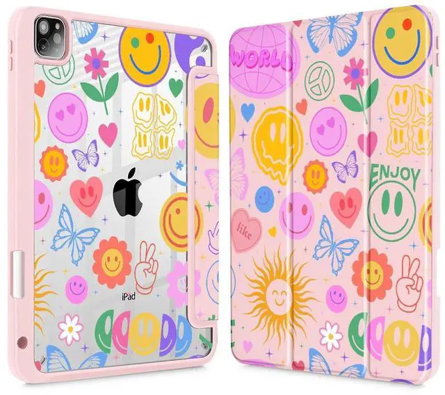Main image of May Chen for iPad Pro 11 inch M2 4th Generation 2022, iPad Pro 11 3rd/2nd/1st Gen, Built-in Pencil Holder with Shockproof Cover Clear Transparent Back Shell Auto Wake/Sleep, Smile Pattern