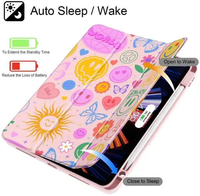 Alt view image 3 of 5 - May Chen for iPad Pro 11 inch M2 4th Generation 2022, iPad Pro 11 3rd/2nd/1st Gen, Built-in Pencil Holder with Shockproof Cover Clear Transparent Back Shell Auto Wake/Sleep, Smile Pattern