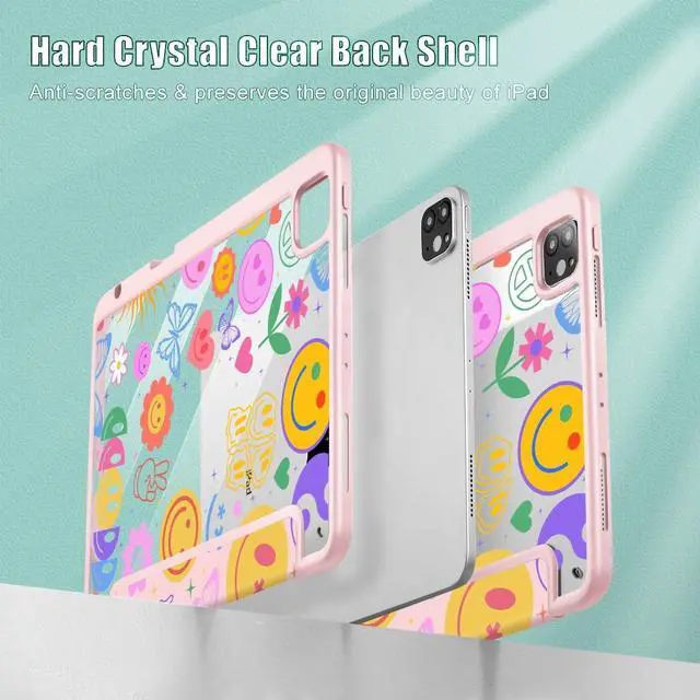 Alt view image 4 of 5 - May Chen for iPad Pro 11 inch M2 4th Generation 2022, iPad Pro 11 3rd/2nd/1st Gen, Built-in Pencil Holder with Shockproof Cover Clear Transparent Back Shell Auto Wake/Sleep, Smile Pattern