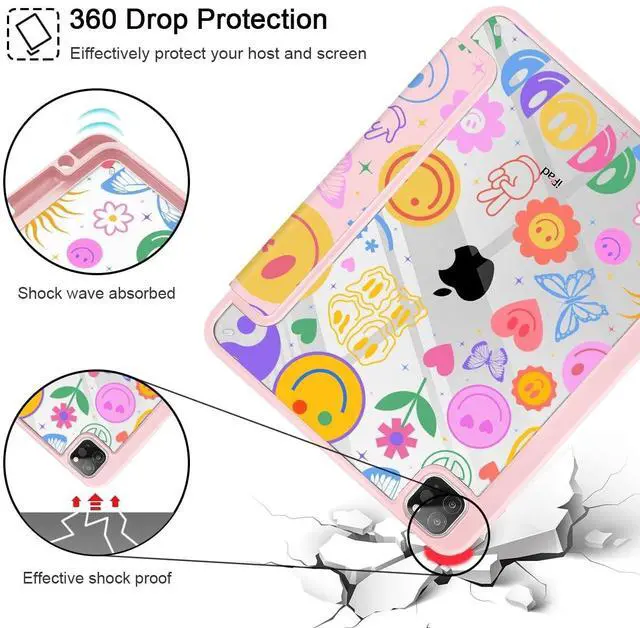Alt view image 5 of 5 - May Chen for iPad Pro 11 inch M2 4th Generation 2022, iPad Pro 11 3rd/2nd/1st Gen, Built-in Pencil Holder with Shockproof Cover Clear Transparent Back Shell Auto Wake/Sleep, Smile Pattern