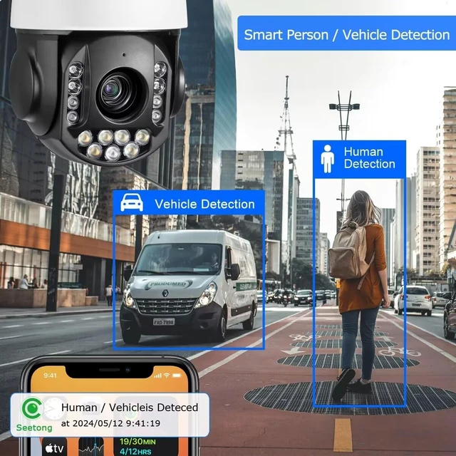 Alt view image 2 of 5 - 8MP 4K 25X optical 5.3-130mm Auto Tracking Outdoor PTZ Camera PoE IP wired Human Vehicle Detect Security Camera with 298ft IR,Floodlight color Night View,2-Way Audio alarm,Preset,NVR,Mobile App,360Pan