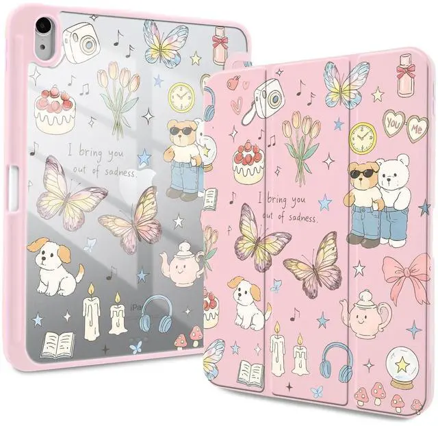 Main image of Idocolors Case for iPad 10th/11th Gen (2022/2025 A16 Chip) 10.9", Shockproof Cover Clear Transparent Back Shell with Pencil Holder, Auto Wake/Sleep Case for Women Girls, Cute Animals-Pink