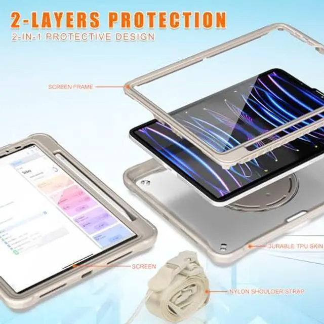 Alt view image 3 of 5 - Batianda Ultimate Protective Case for iPad Air 5th Generation 2022/ iPad Air 4th 2020 10.9 inch Rugged Shockproof Tablet Cover with 360 Rotatable Kickstand & Shoulder Strap & Pencil Holder, Khaki