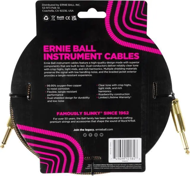 Alt view image 3 of 3 - Ernie Ball Braided Instrument Cable Set Straight/Straight Length 18ft in Pay Dirt (P06432) - Pack of 2