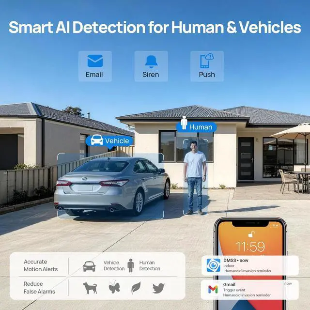 Alt view image 4 of 5 - VIKYLIN 4MP PoE IP Camera Outdoor with AI IVS Human/Vehicle Detection, F1.6 Starlight Turret Security Camera with 98ft Dual Light Night Vision,IP67,MicroSD Slot 256GB,NDAA Compliant,DMSS/SmartPSS Lite