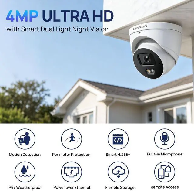 Alt view image 2 of 5 - VIKYLIN 4MP PoE IP Camera Outdoor with AI IVS Human/Vehicle Detection, F1.6 Starlight Turret Security Camera with 98ft Dual Light Night Vision,IP67,MicroSD Slot 256GB,NDAA Compliant,DMSS/SmartPSS Lite