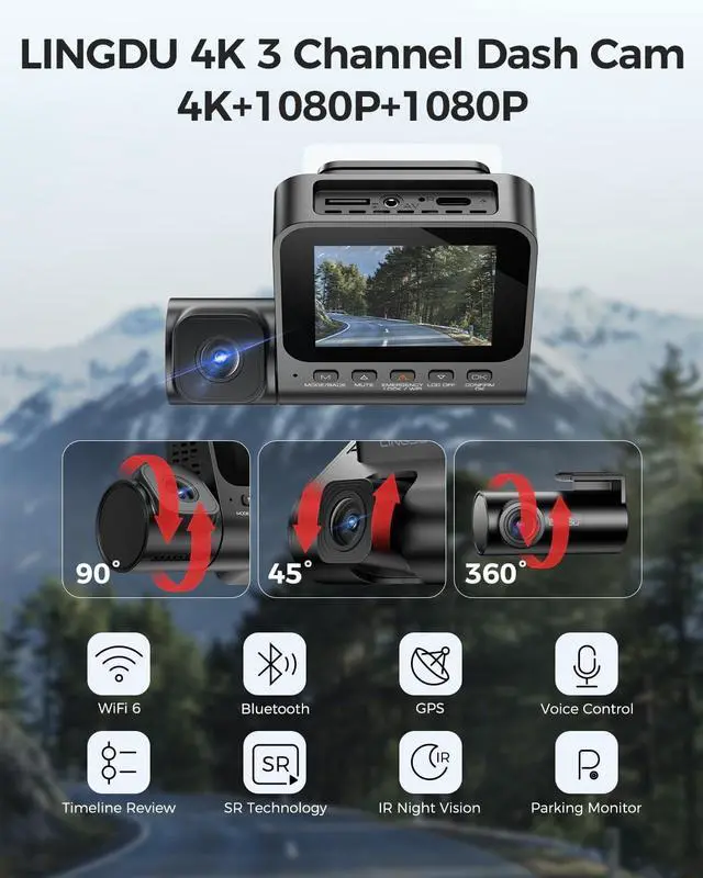 Alt view image 2 of 5 - LINGDU 3 Channel 4K Dash Cam, Dash Camera for Cars, 4K+1080P+1080P Front Inside and Rear Triple Car Camera, Built-in WiFi 6 GPS, 24H Parking Mode, WDR Night Vision, Free 64GB Card V630 Dash Cam