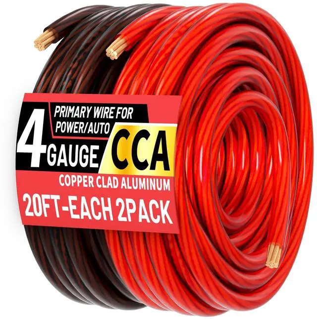 Main image of 4 Gauge Wire(20FT Black + 20FT Red) Copper Clad Aluminum CCA Battery Cable, Primary Power/Ground Cable for Car Audio Speaker, RV Trailer, Amp, Inverter RV Truck, Solar Equipment, Translucent Jacket