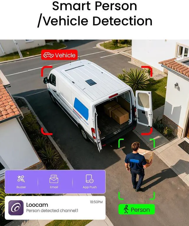 Alt view image 3 of 5 - Loocam 4MP PoE IP Camera Outdoor Indoor, Bullet Surveillance Cameras for Home Security, Smart Human/Vehicle Detection, IR Night Vision, Built-in Mic, IP66 Weatherproof, Compatible NVR Security System