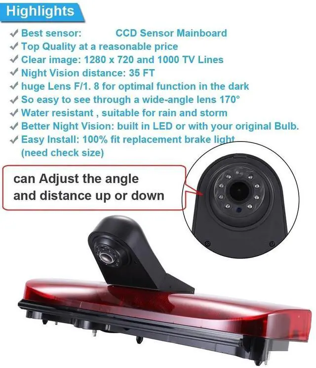 Alt view image 4 of 5 - HD 1280x720pixel 1000Lines Third Brake Light Backup Camera Brake lamp Parking Camera Vehicle Rear View Camera Transporter Replacement for Ford Transit Connect 2014-2017