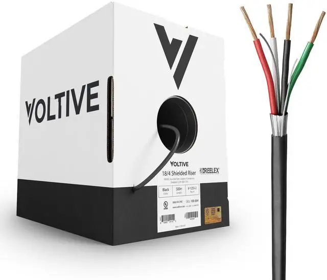 Main image of Voltive 18/4 Shielded Low Voltage Wire, Riser CL3R, Black, 500ft - 18AWG, 4 Conductors, Overall Shield, Stranded Bare Copper, UL Listed - V-1255-2