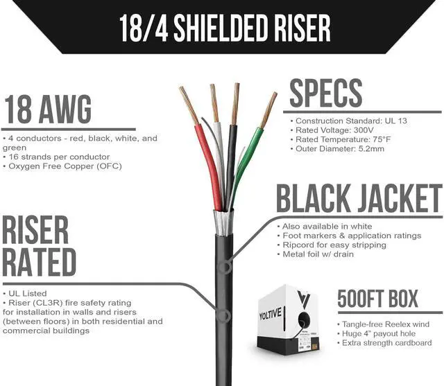 Alt view image 2 of 5 - Voltive 18/4 Shielded Low Voltage Wire, Riser CL3R, Black, 500ft - 18AWG, 4 Conductors, Overall Shield, Stranded Bare Copper, UL Listed - V-1255-2
